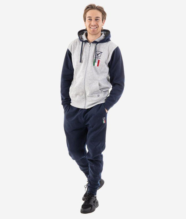Tuta Givova Italia 101 con Cappuccio Uomo in Felpa grigio melange chiaro/blu — tuta in felpa per il dopo allenamento Givova Planet Sport Italia