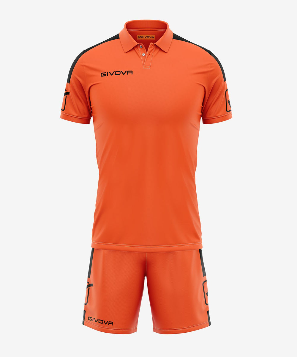 Completo Givova Kit Play arancio fluo e nero, divisa da calcio per squadre Givova Kit Planet Sport Italia