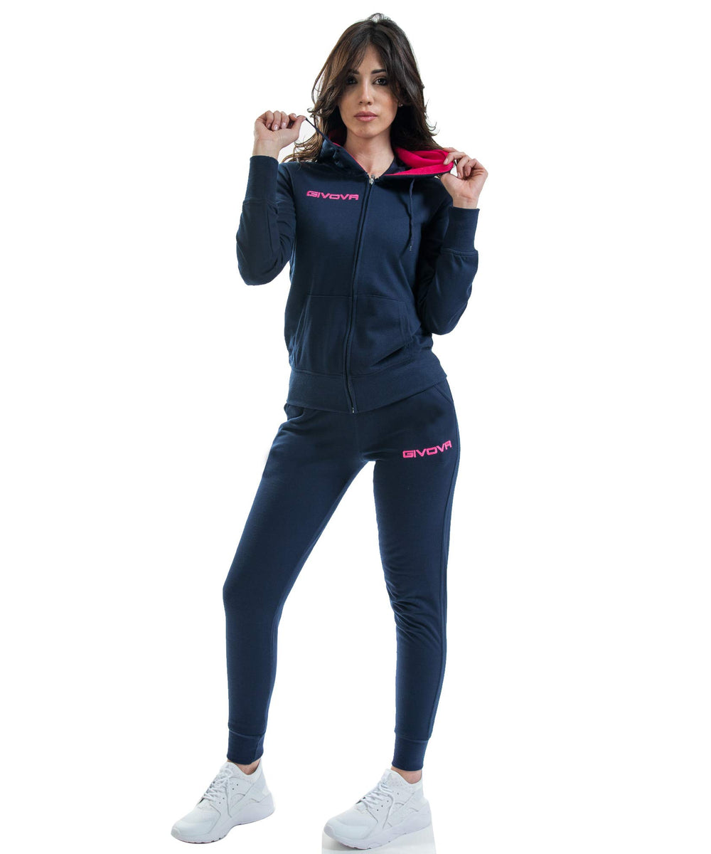 Tuta Givova King Donna in cotone terry blu e fuxia, giacca con zip e pantalone Givova Tute Planet Sport Italia